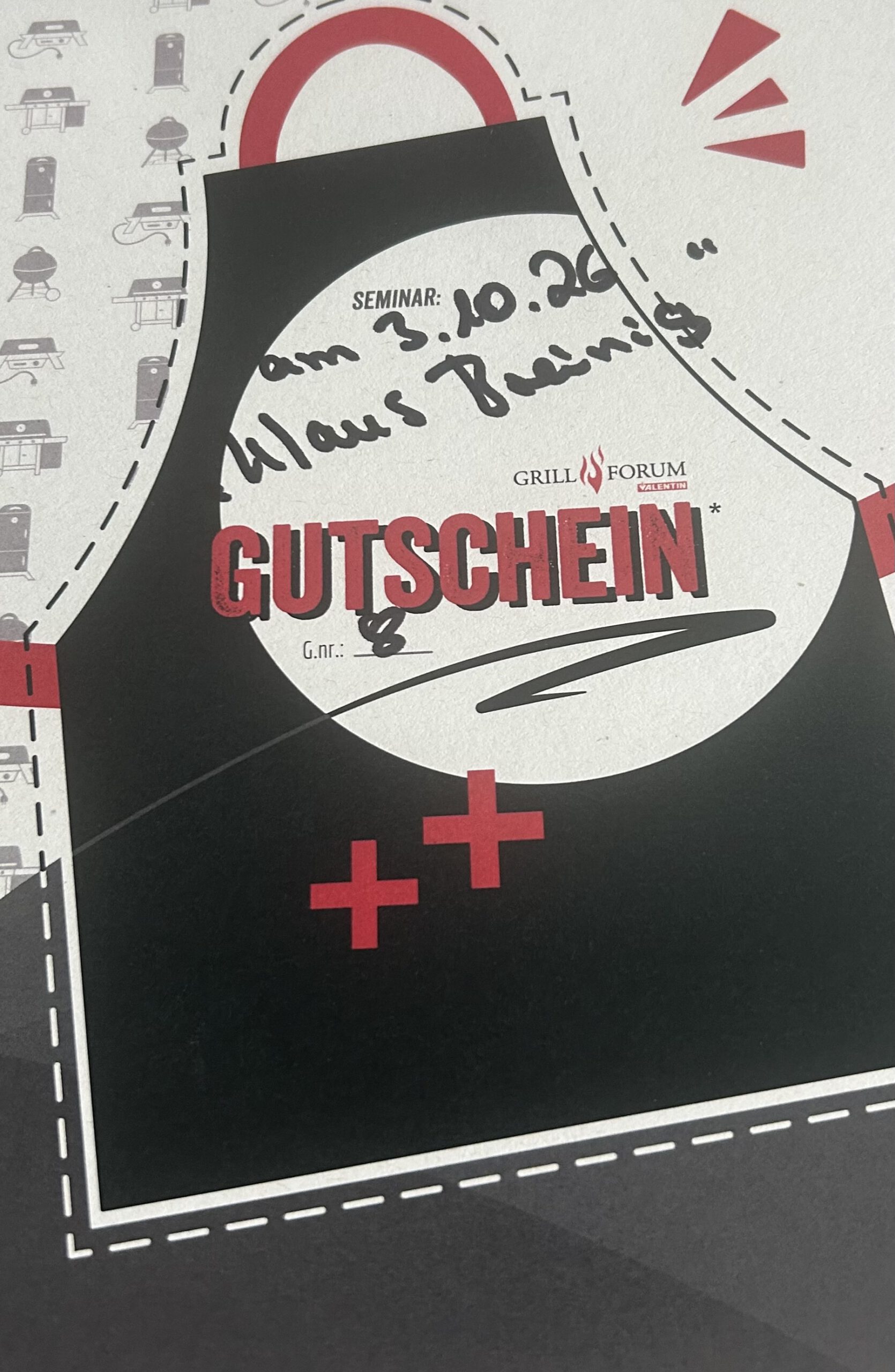 14. Grillseminargutschein mit dem Grillweltmeister Klaus Breinig für je eine Person (Grillforum Valentin) am 03.10.2026
