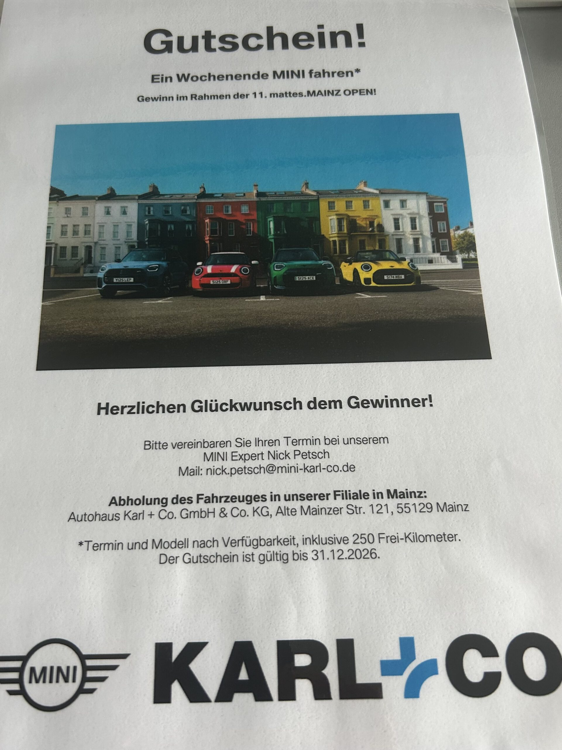 22. Gutschein „Ein Wochenende MINI Fahren“ – KARL & CO