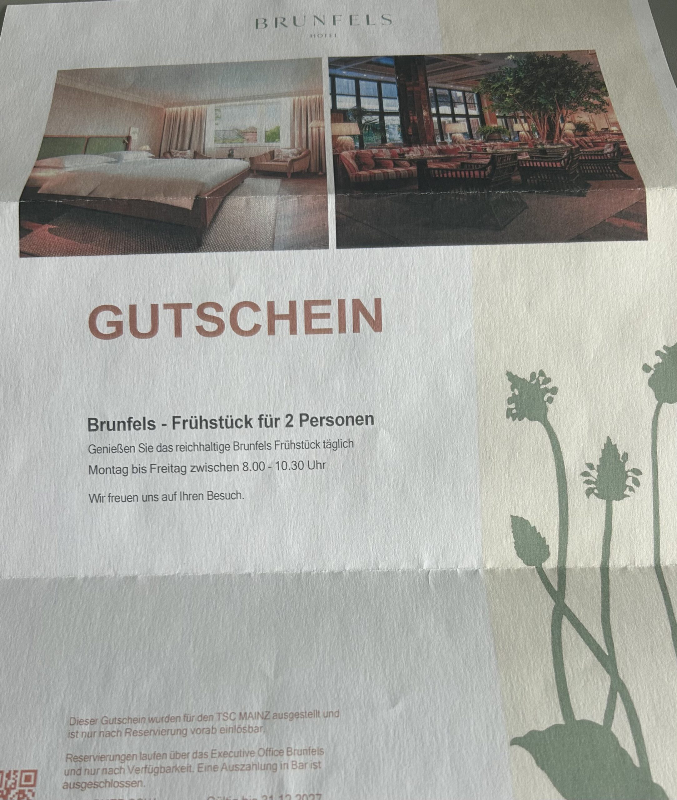 32. Gutschein BRUNFELS HOTEL Mainz – Frühstück für 2 Personen