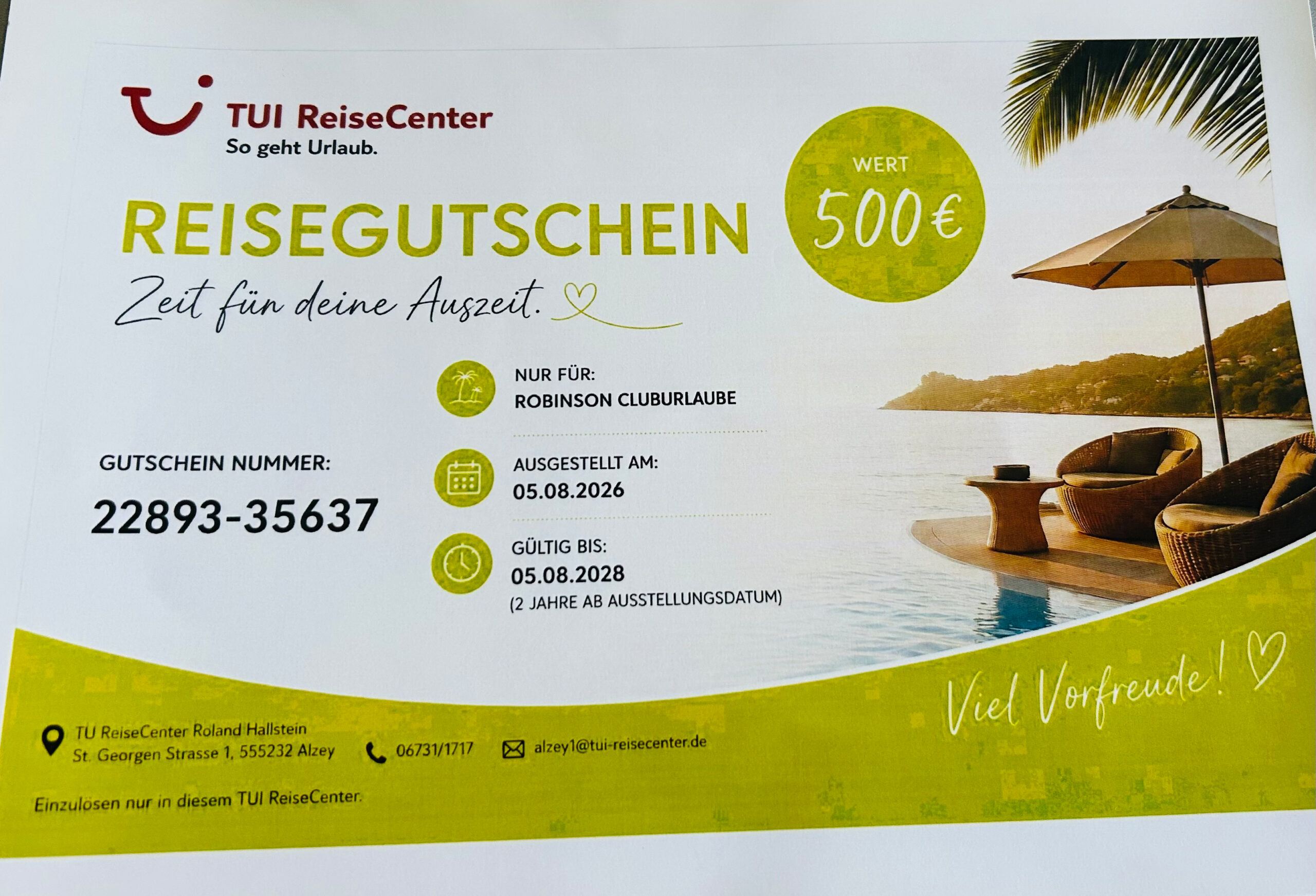34. Reisegutschein – 500 Euro – Tui Reisecenter Hallstein Alzey – 1