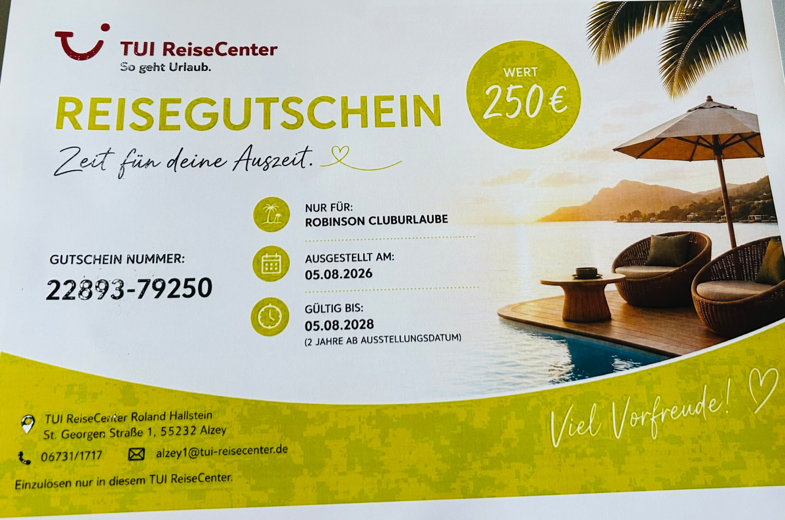 36. Reisegutschein – 250 Euro – Tui Reisecenter Hallstein Alzey – 1